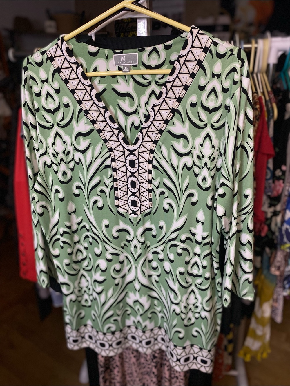 JM Collection Mint Green and White Printed V-Neck Tunic with Black Trim